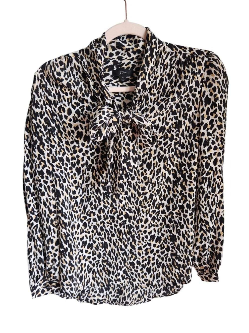 J Crew Shirt XS Leopard Tie Neck Silk Animal Print Button Black Tan Blouse Top